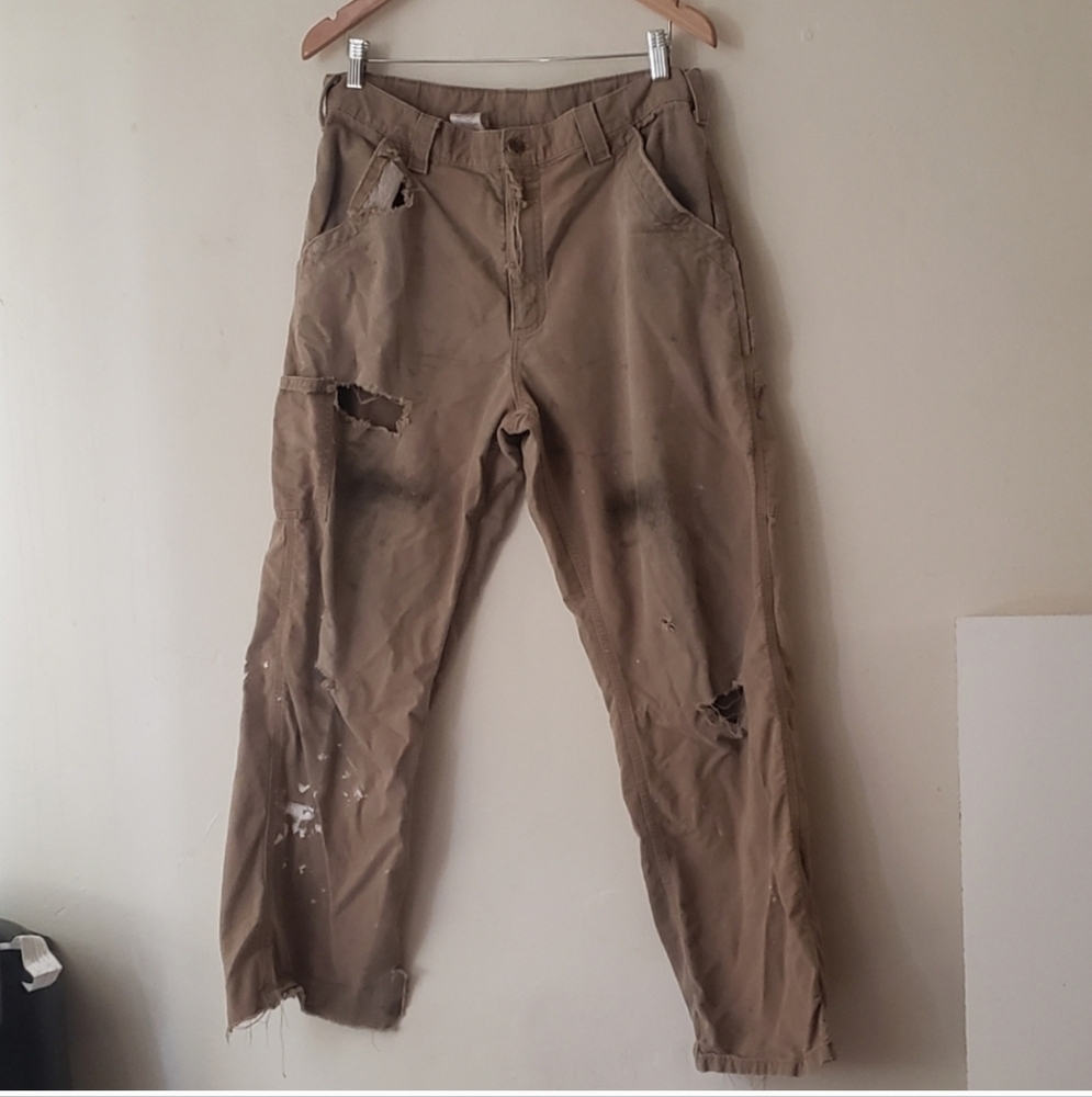 Carhartt Mens Distressed Loose Original Fit Tan Carpenter Pants 35×32